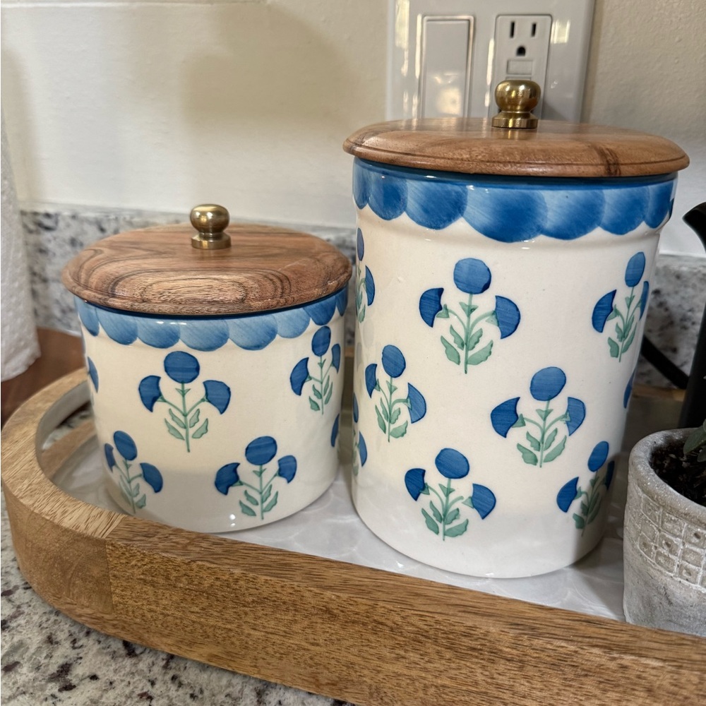 Floral Ceramic Canister Set with Wooden Lids
